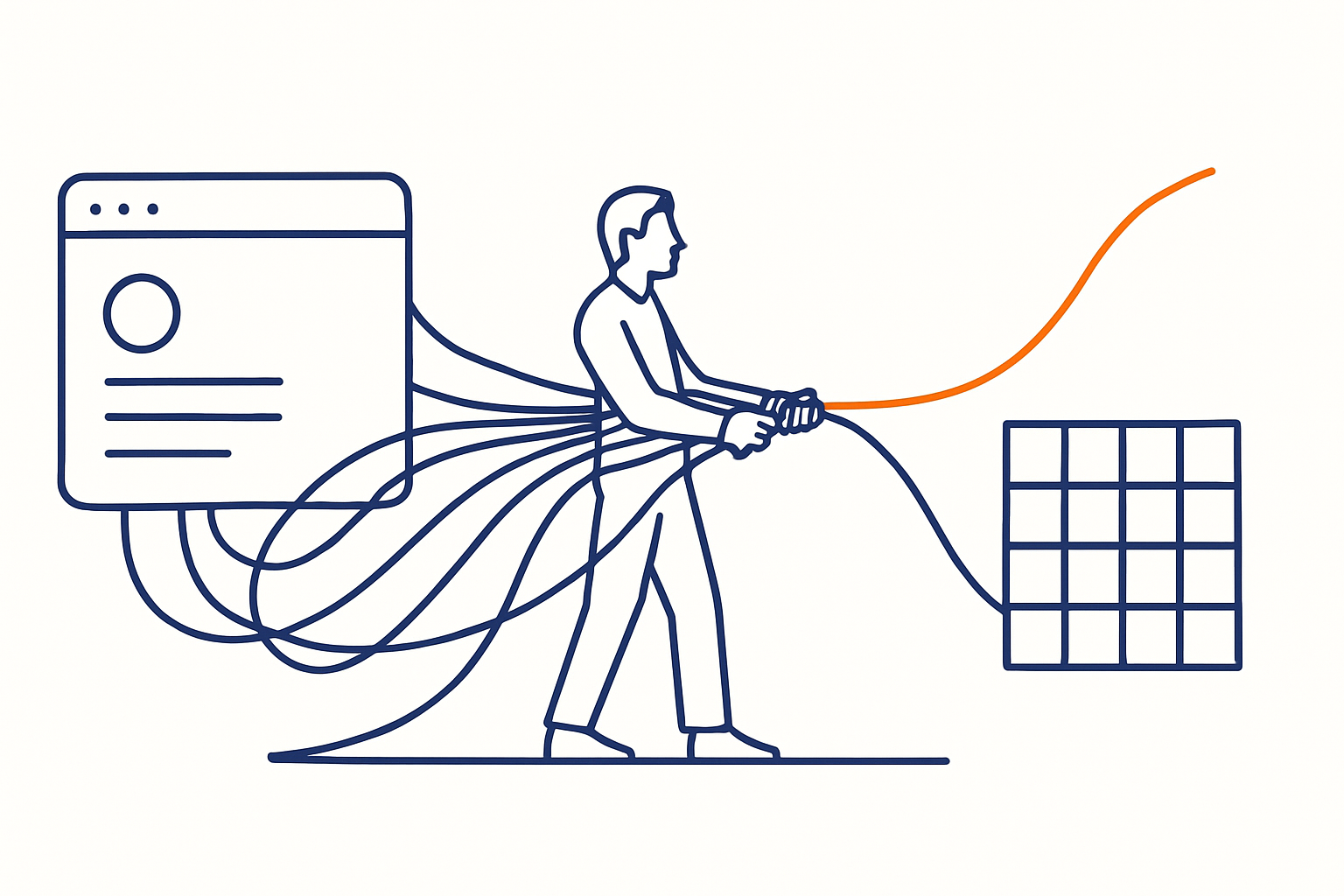 Line drawing of a portal block whose wires all run to one founder figure, one orange wire breaking free toward a clean grid.