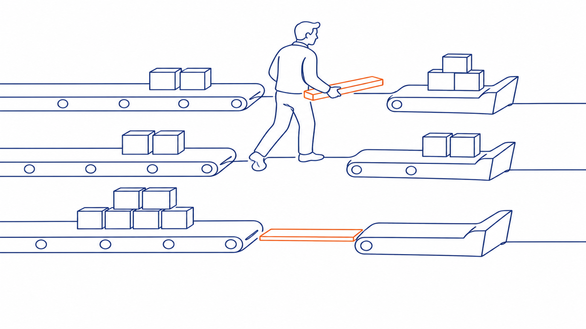 Line art of parallel conveyor belts each stopped at a gap; one figure carries a single plank between gaps while boxes wait stacked at the unbridged ones, on a white backgrou