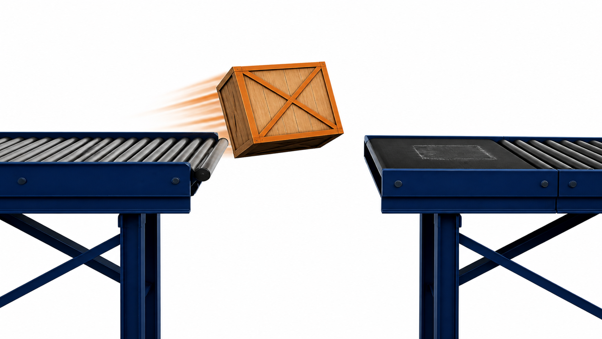 A wooden crate flies off a conveyor belt on an elevated dock, airborne over a gap toward a second dock with a powered-down, empty belt and no one to receive it.