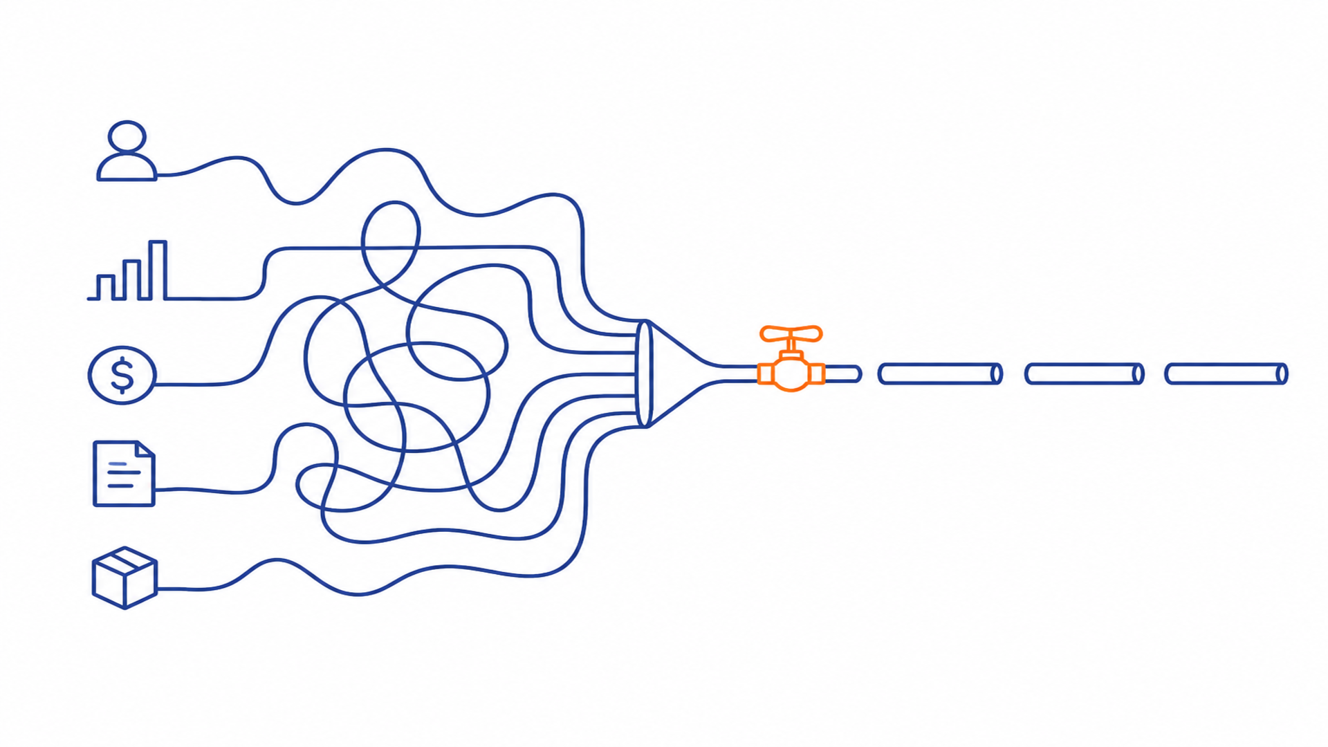 A single continuous line traces a tangled knot of pipes converging into one narrow funnel, all flow squeezing through one small valve at the center while the pipes beyond it sit empty and disconnected, showing every stream depending on that one choke point

