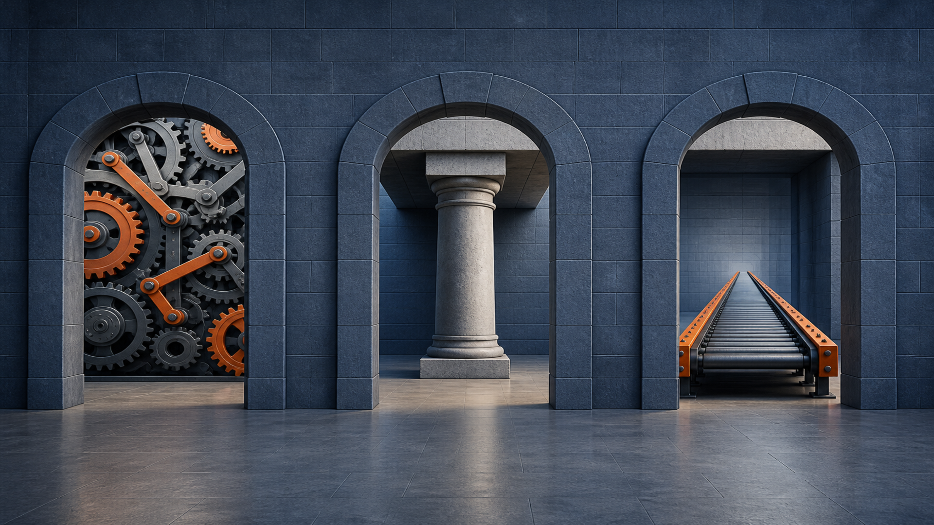 A stone hall with three identical arched doorways spaced apart. One reveals interlocking gears, another a single stone support pillar, the third a long conveyor track. No text or words appear.
